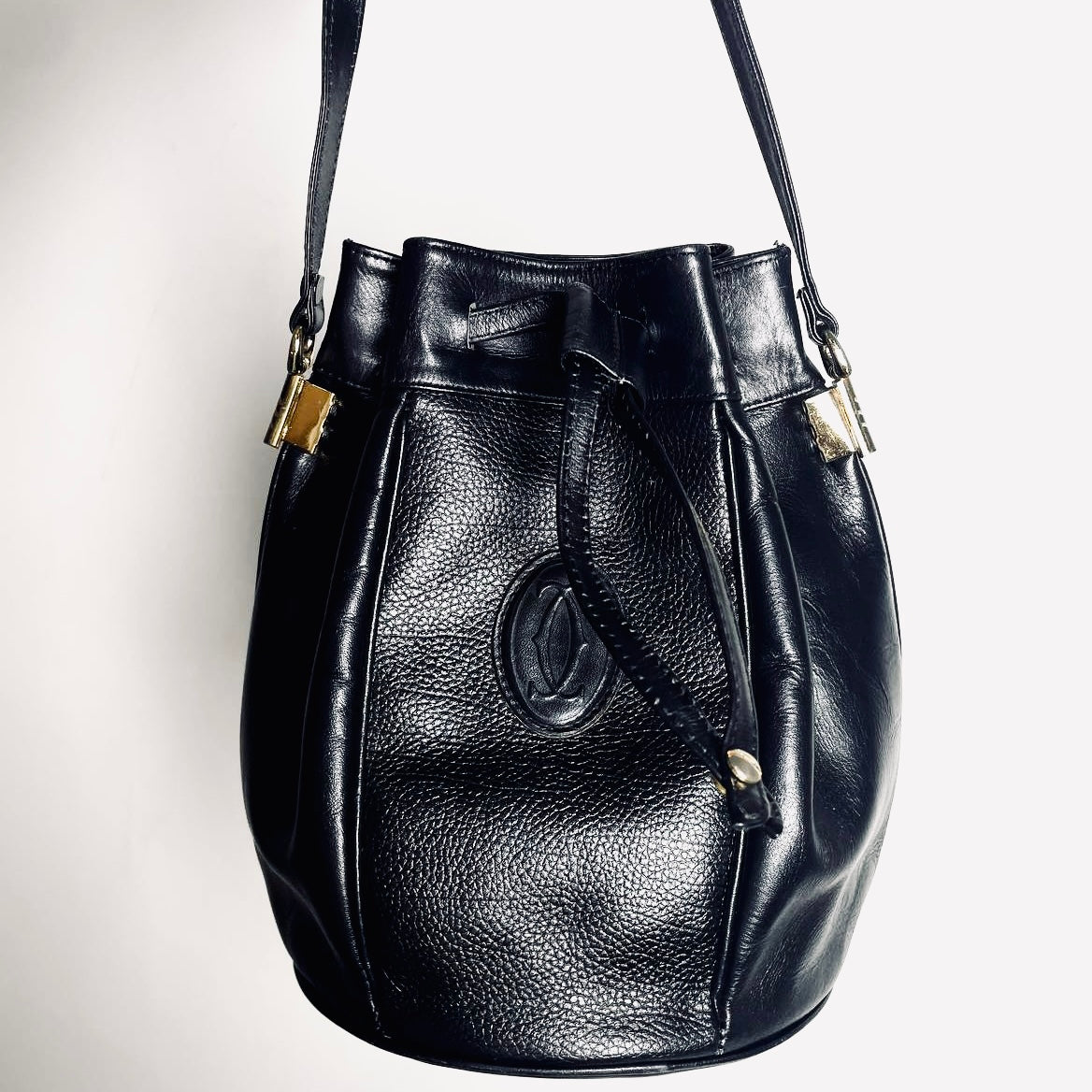 Cartier Must / Mast de Cartier Black GHW Grained Leather Bucket Shoulder Drawstring Bag