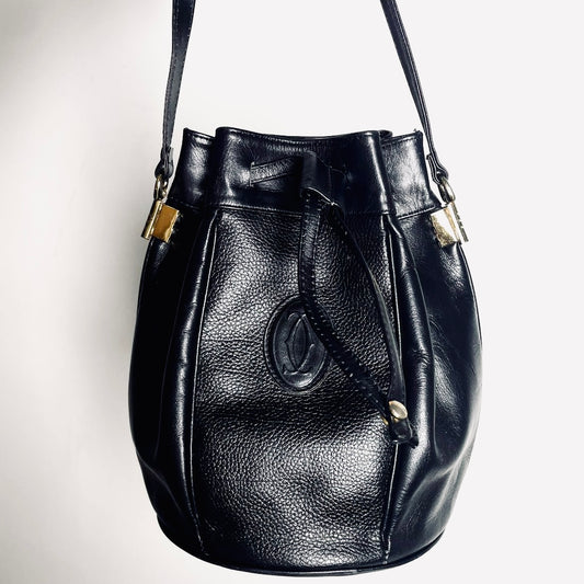 Cartier Must / Mast de Cartier Black GHW Grained Leather Bucket Shoulder Drawstring Bag