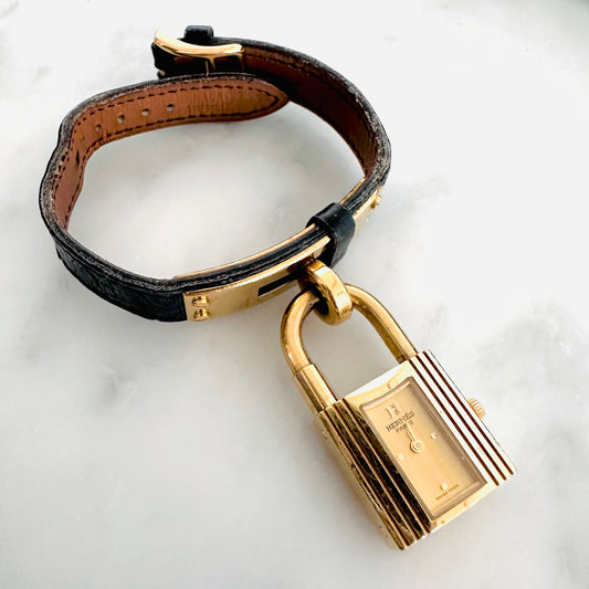 Hermes Black Gold Hardware Kelly Lock 20mm Stainless Steel Quartz Watch