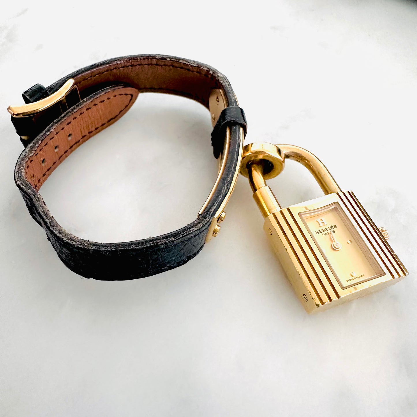 Hermes Black Gold Hardware Kelly Lock 20mm Stainless Steel Quartz Watch