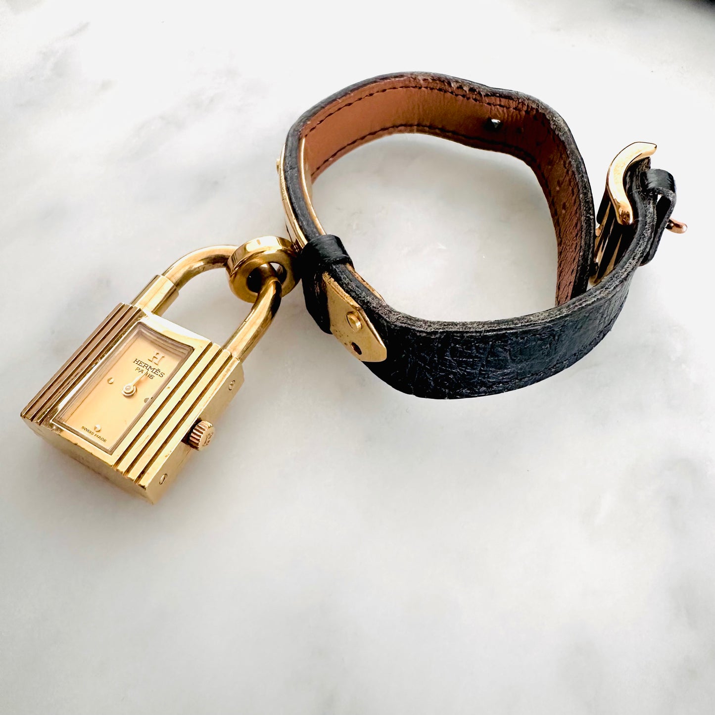 Hermes Black Gold Hardware Kelly Lock 20mm Stainless Steel Quartz Watch