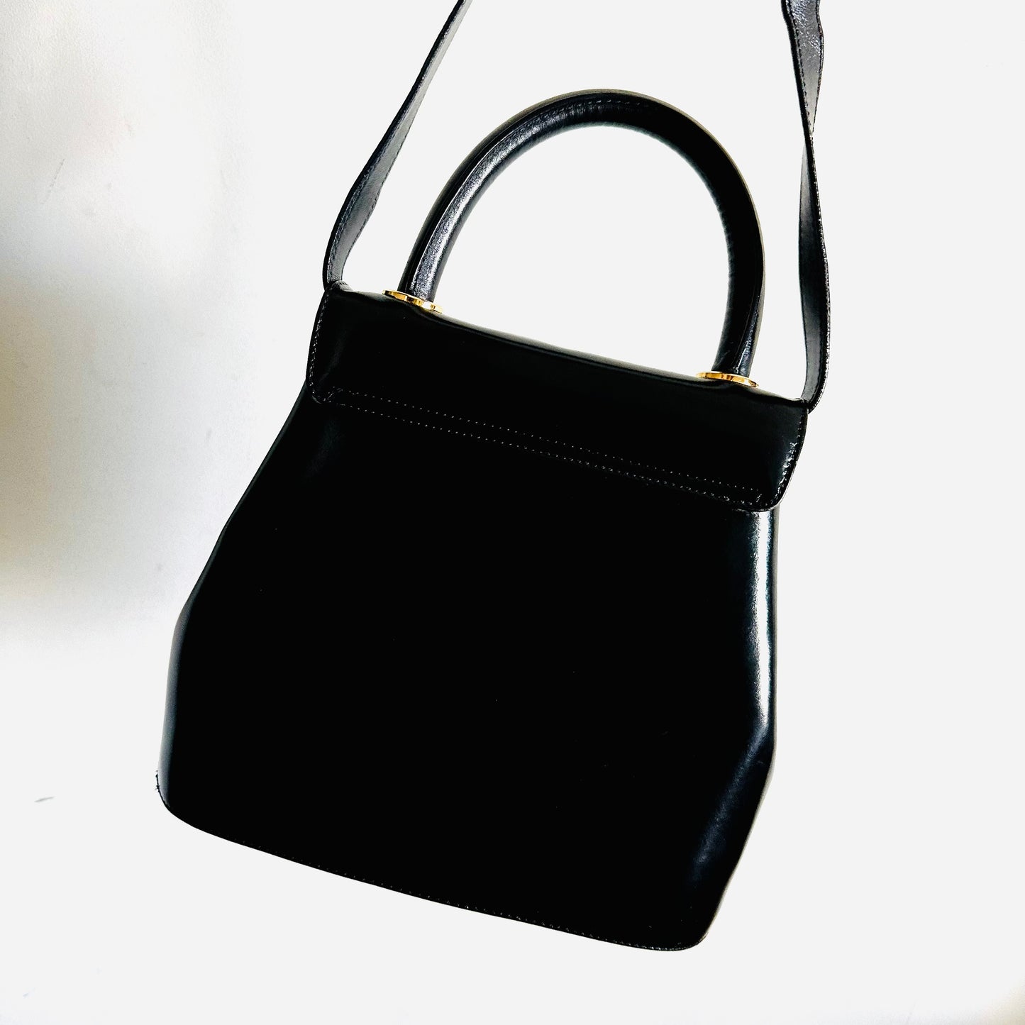 Salvatore Ferragamo Kelly Black GHW Studded Logo Smooth Leather Top Handle 2-Way Shoulder Sling Bag