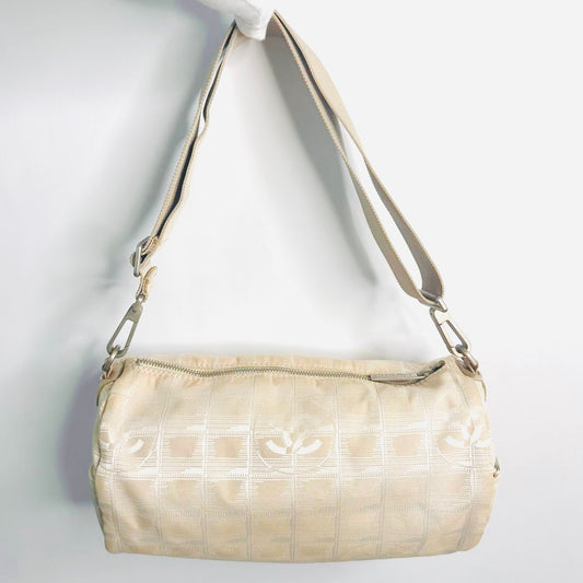 Chanel Taupe Beige Travel Line Quilted Jacquard CC Monogram Logo Papillon Roller Baguette Hobo Shoulder Sling Bag 7s