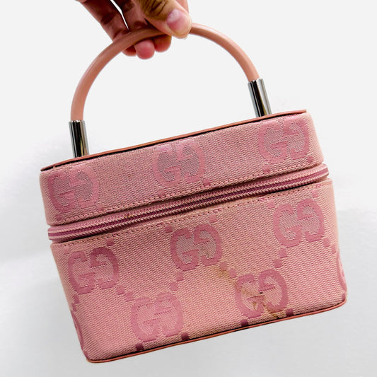 Gucci Pink Giant GG Monogram Logo Mini Top Handle Vanity Case Bag