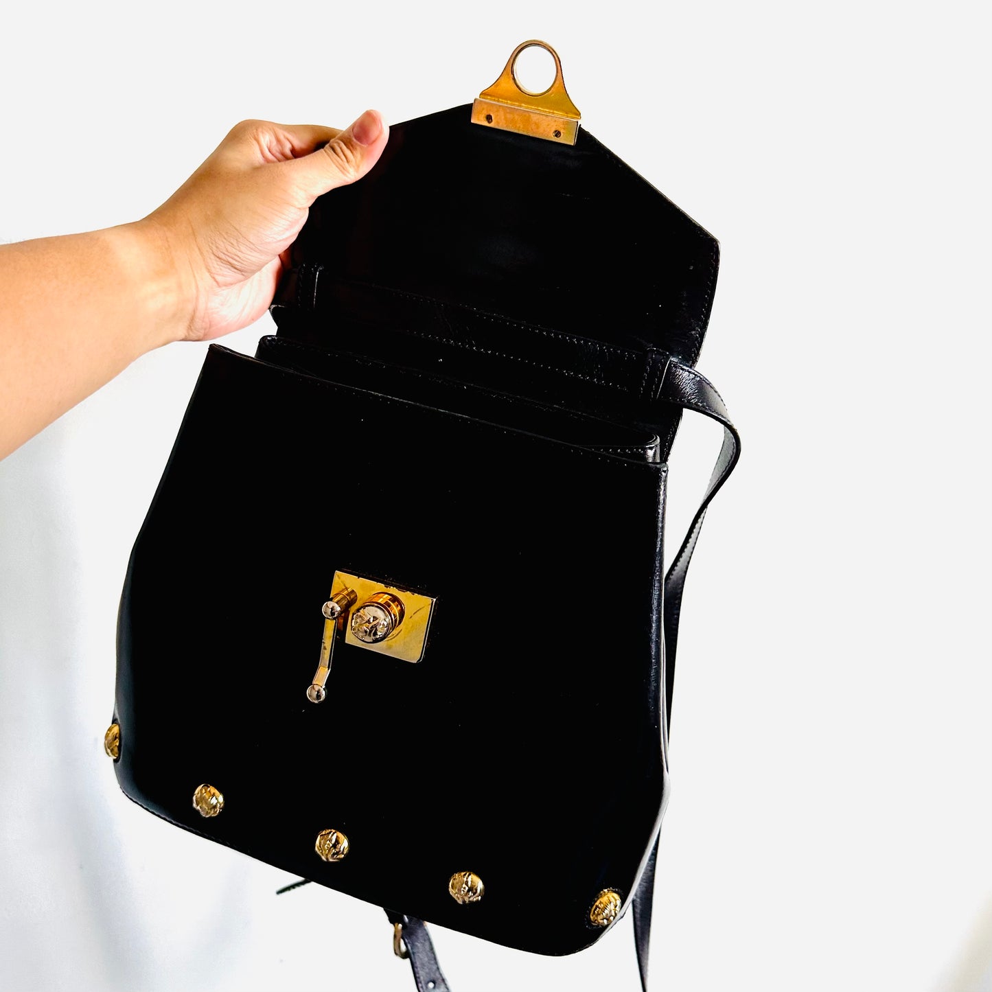 Salvatore Ferragamo Kelly Black GHW Studded Logo Smooth Leather Top Handle 2-Way Shoulder Sling Bag