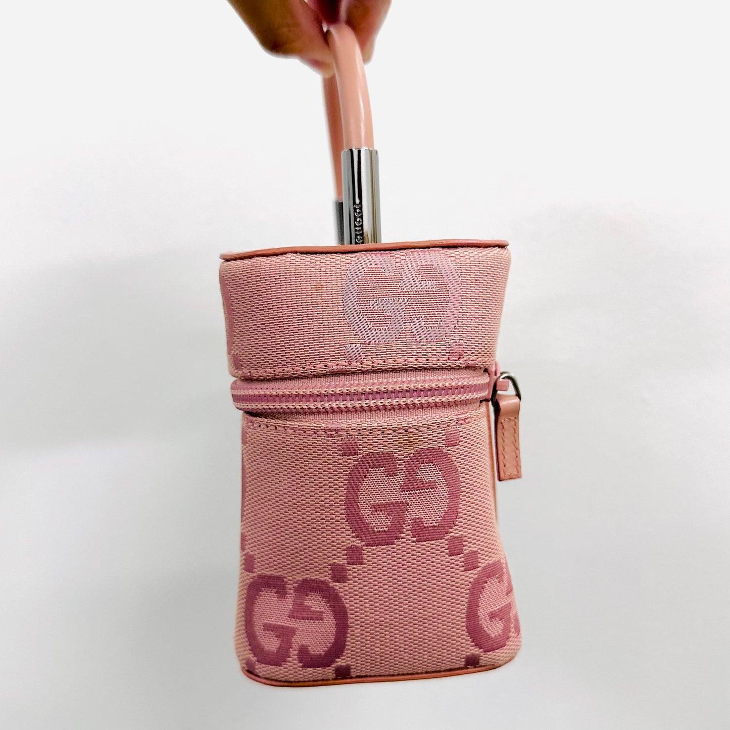 Gucci Pink Giant GG Monogram Logo Mini Top Handle Vanity Case Bag