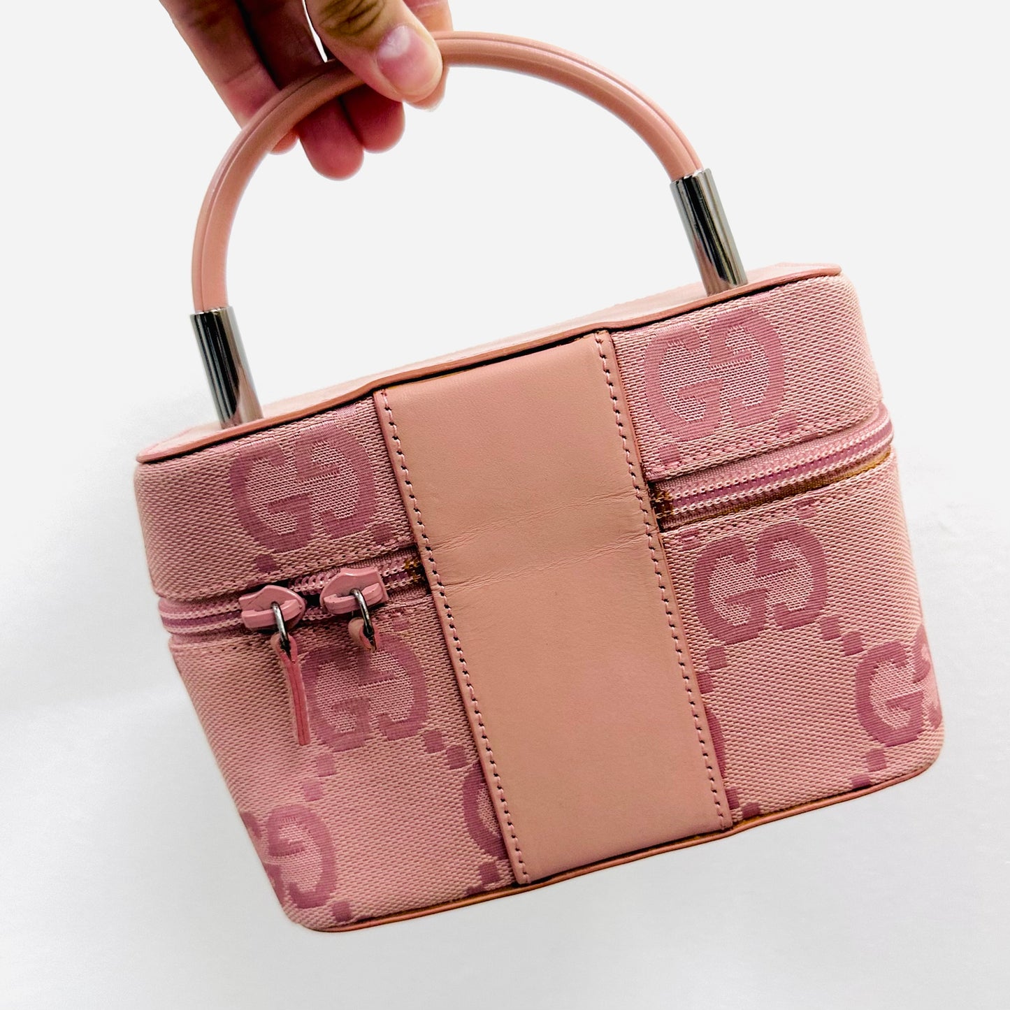 Gucci Pink Giant GG Monogram Logo Mini Top Handle Vanity Case Bag