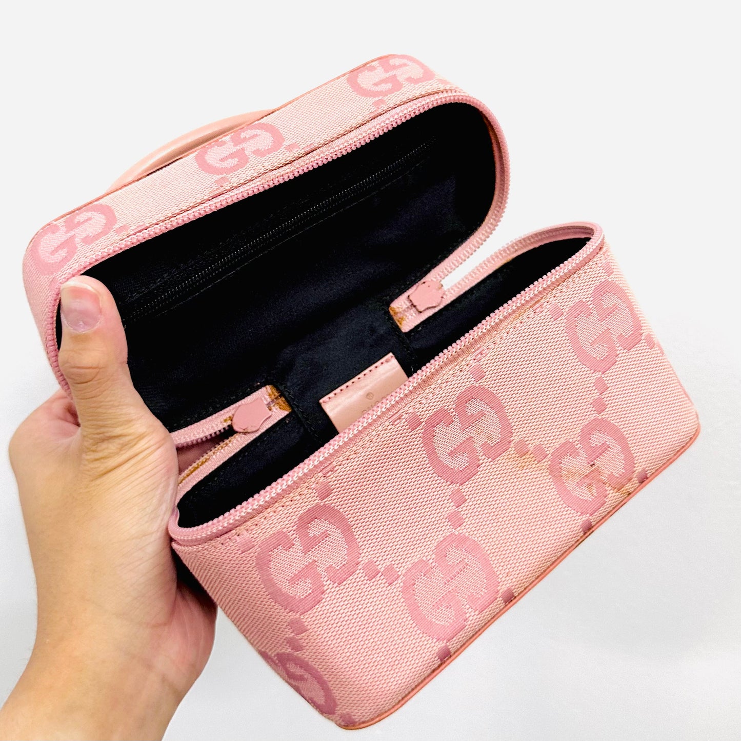 Gucci Pink Giant GG Monogram Logo Mini Top Handle Vanity Case Bag