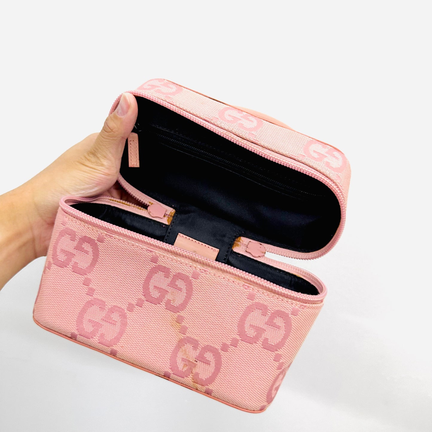 Gucci Pink Giant GG Monogram Logo Mini Top Handle Vanity Case Bag