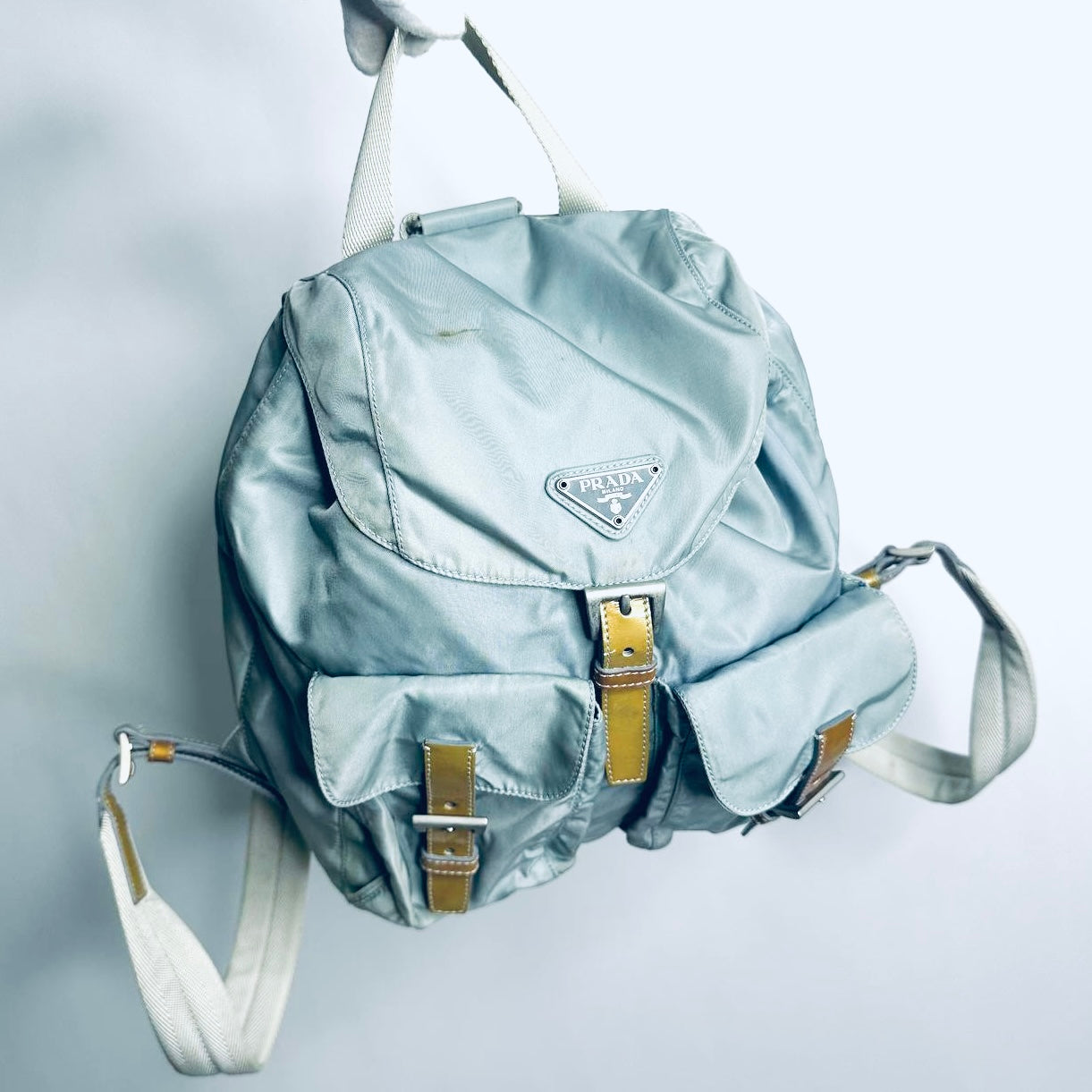 Prada Glacier Blue Tessuto Classic Logo Nylon & Leather Backpack Drawstring Bag