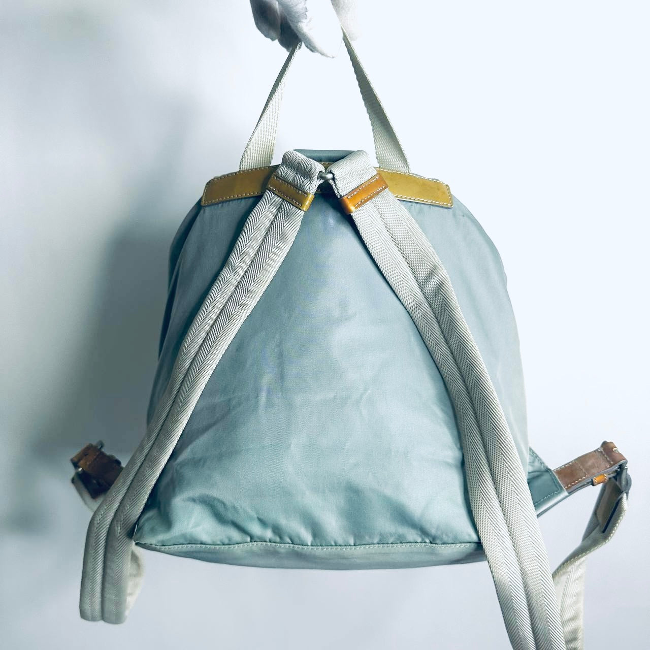 Prada Glacier Blue Tessuto Classic Logo Nylon & Leather Backpack Drawstring Bag