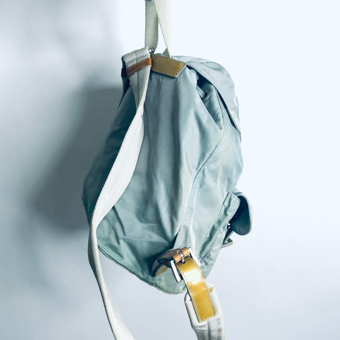 Prada Glacier Blue Tessuto Classic Logo Nylon & Leather Backpack Drawstring Bag