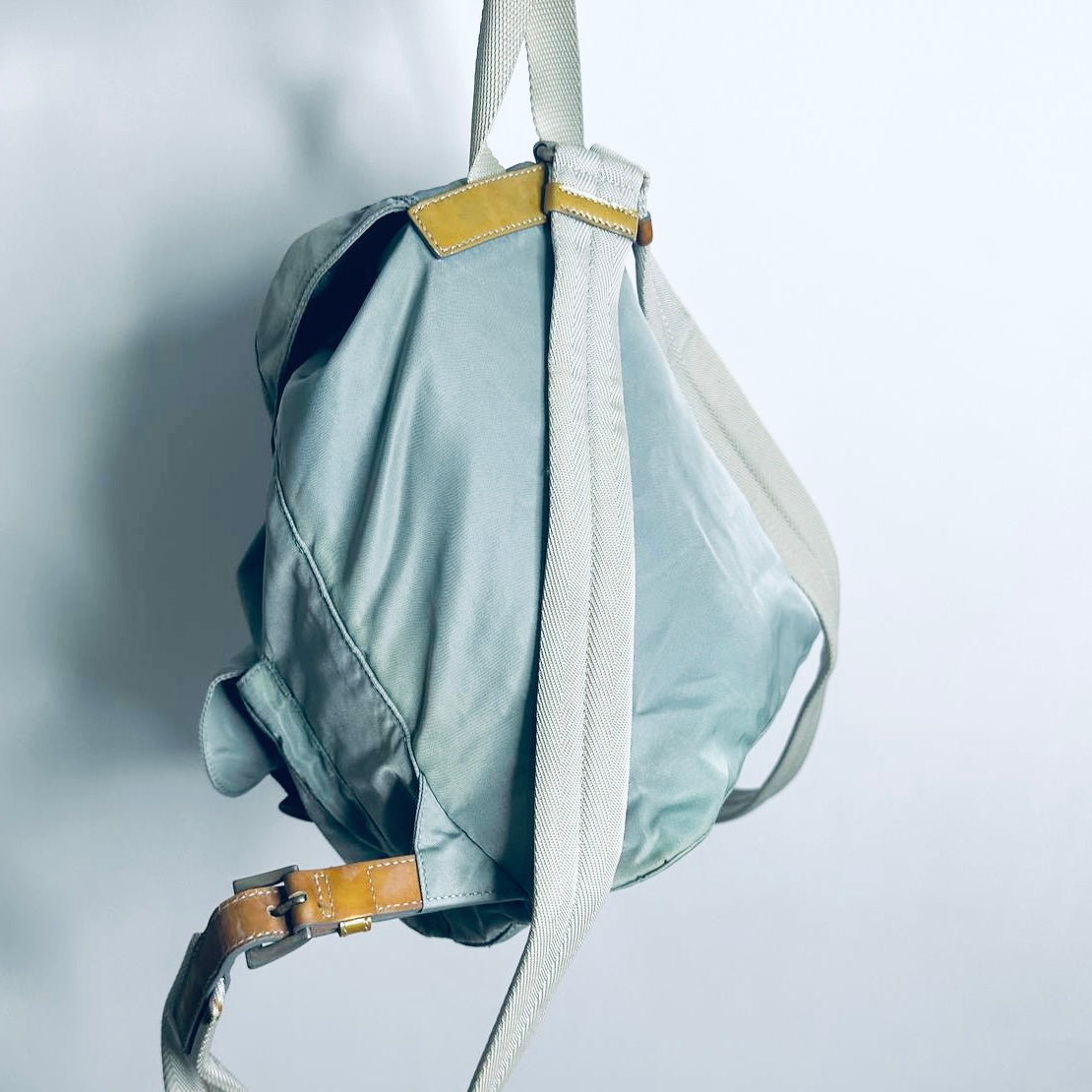 Prada Glacier Blue Tessuto Classic Logo Nylon & Leather Backpack Drawstring Bag