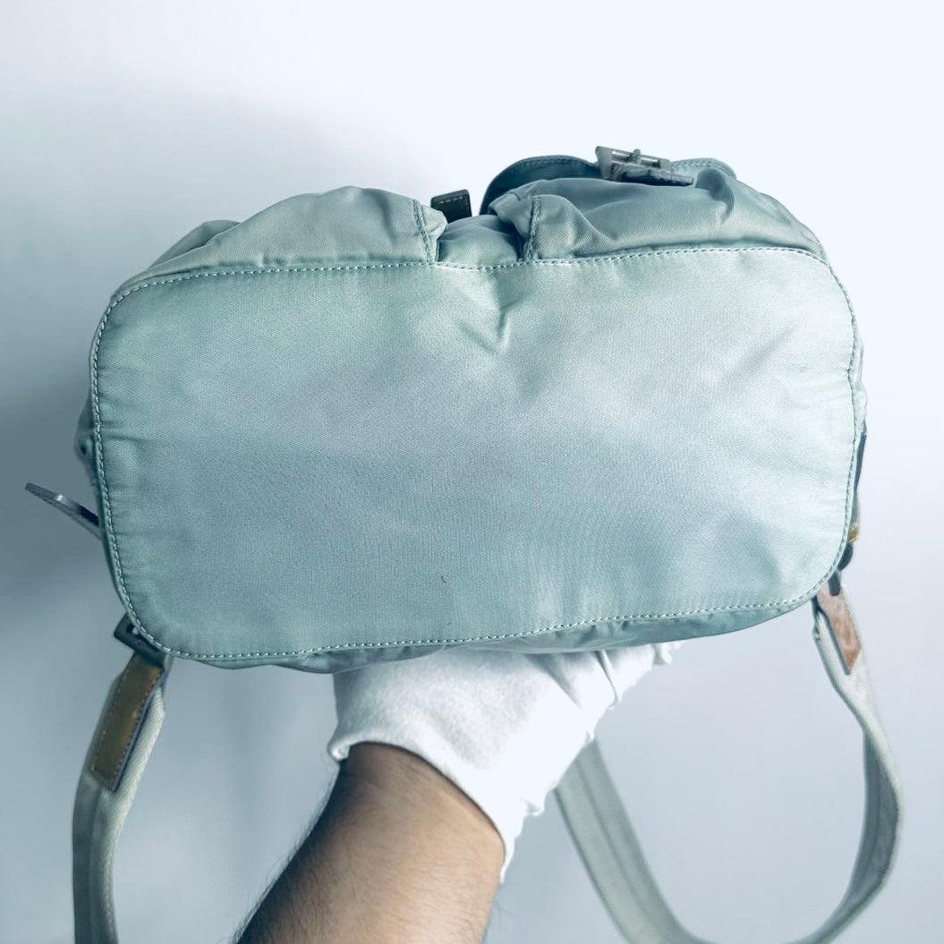 Prada Glacier Blue Tessuto Classic Logo Nylon & Leather Backpack Drawstring Bag
