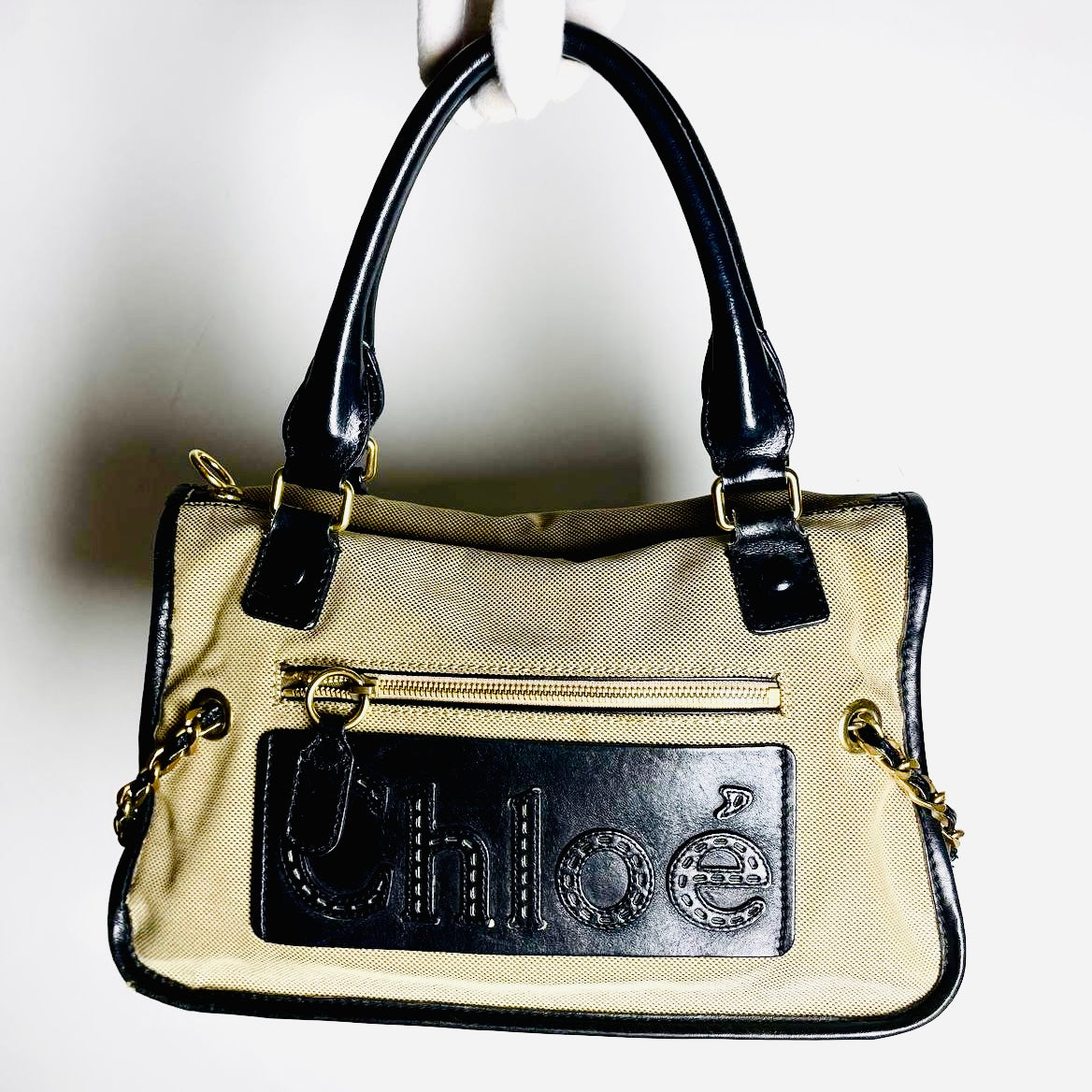 Chloe Black / Beige GHW Haley Monogram Logo Shopper Tote Bag