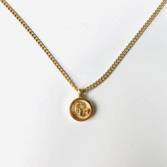 Christian Dior CD Monogram Logo Giant Gold Round Pendant Necklace