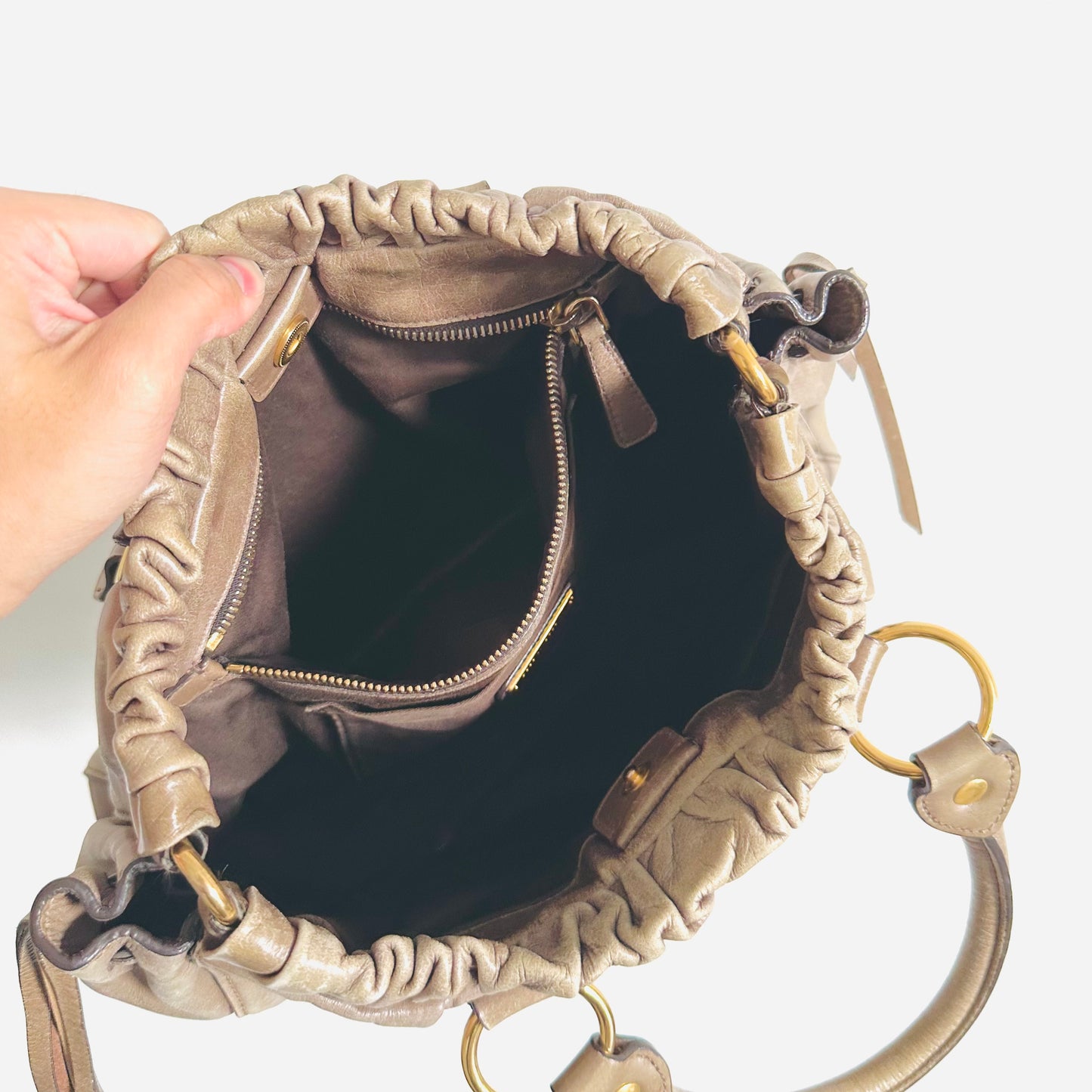 Miu Miu Taupe GHW Vitello Shine Classic Logo 2-Way Shopper Shoulder Sling Tote Bag