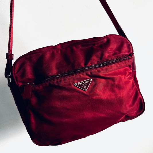 Prada Cerise Red Vela Sport Logo Classic Nylon & Leather Zip Shoulder Sling Bag