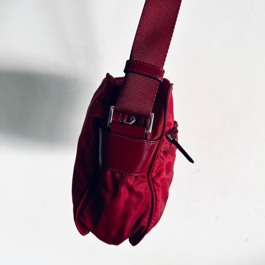 Prada Cerise Red Vela Sport Logo Classic Nylon & Leather Zip Shoulder Sling Bag