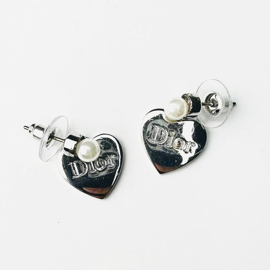 Christian Dior CD Silver & Pearls Giant Heart Monogram Logo Stainless Steel Dangling Stud Earrings