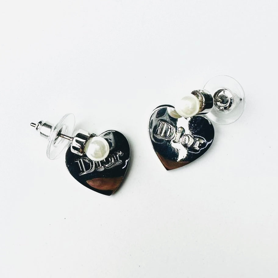 Christian Dior CD Silver & Pearls Giant Heart Monogram Logo Stainless Steel Dangling Stud Earrings