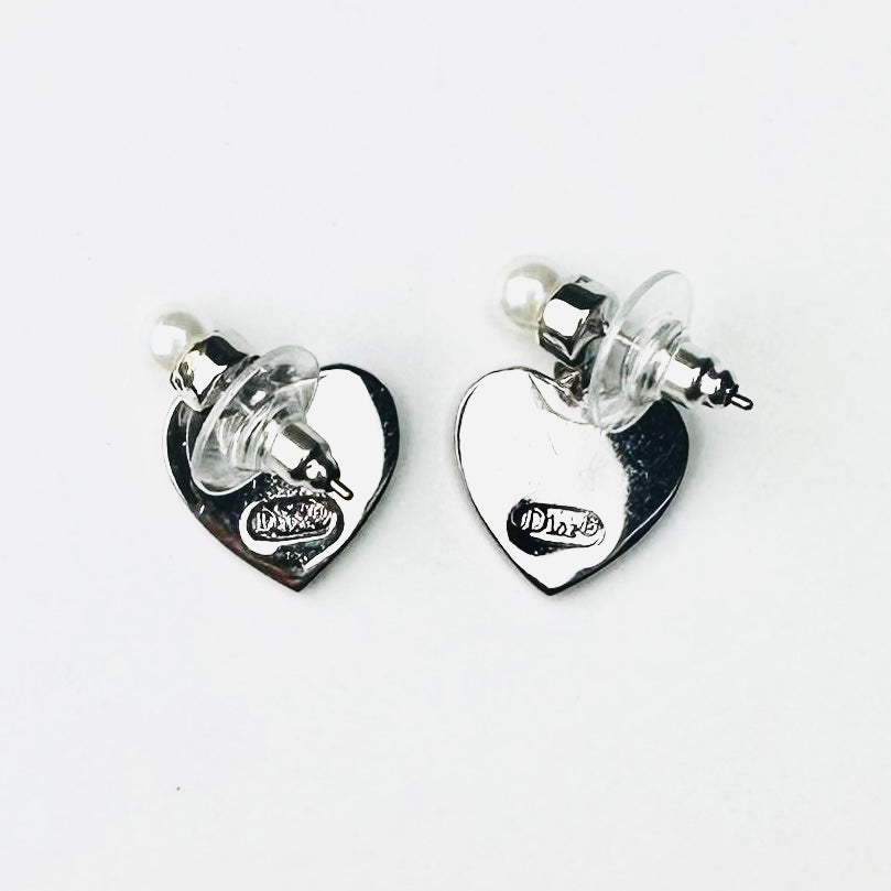 Christian Dior CD Silver & Pearls Giant Heart Monogram Logo Stainless Steel Dangling Stud Earrings