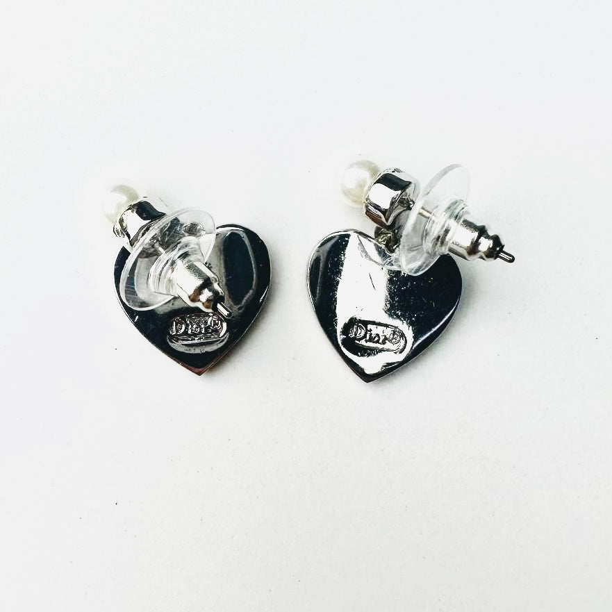 Christian Dior CD Silver & Pearls Giant Heart Monogram Logo Stainless Steel Dangling Stud Earrings