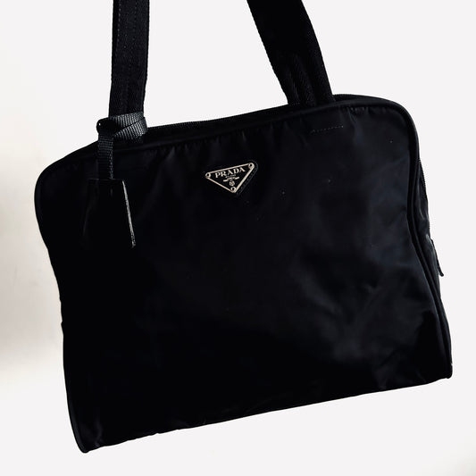 Prada Black Classic Tessuto Logo Nylon Shoulder Boston Tote Bag