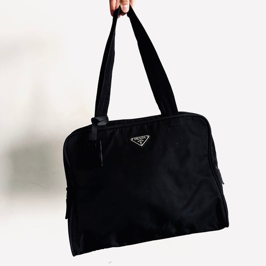 Prada Black Classic Tessuto Logo Nylon Shoulder Boston Tote Bag