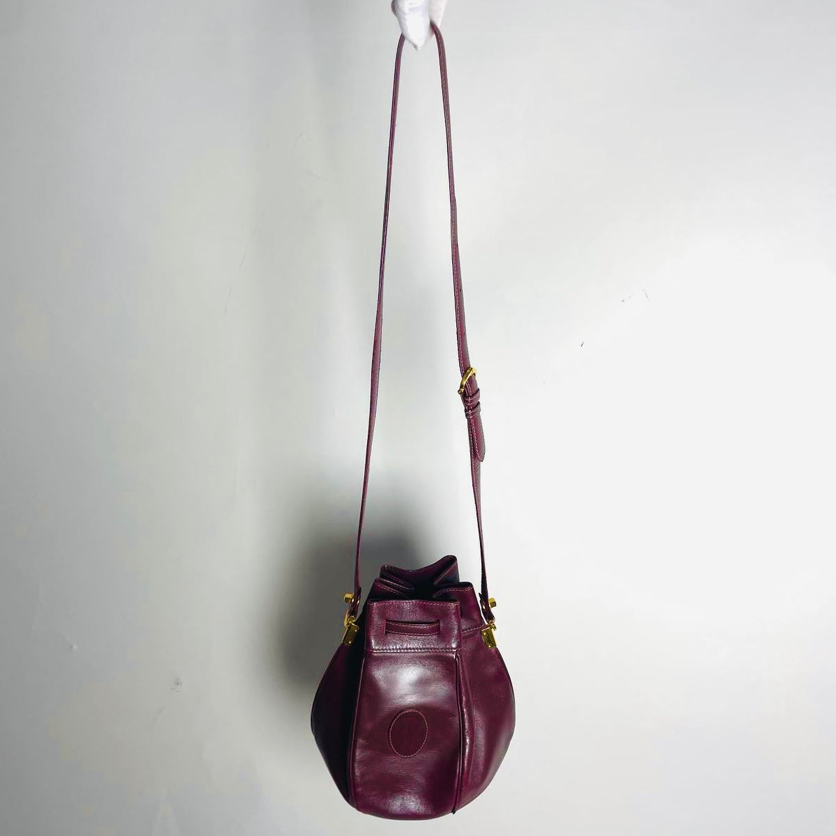 Cartier Mast / Must de Cartier Burgundy Maroon Red GHW Smooth Leather Bucket Shoulder Drawstring Bag