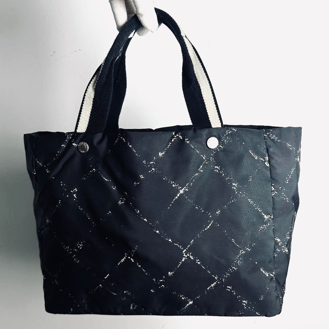 Chanel Black Travel Line Quilted Jacquard CC Monogram Logo Shoulder Shopper Tote Bag 6s