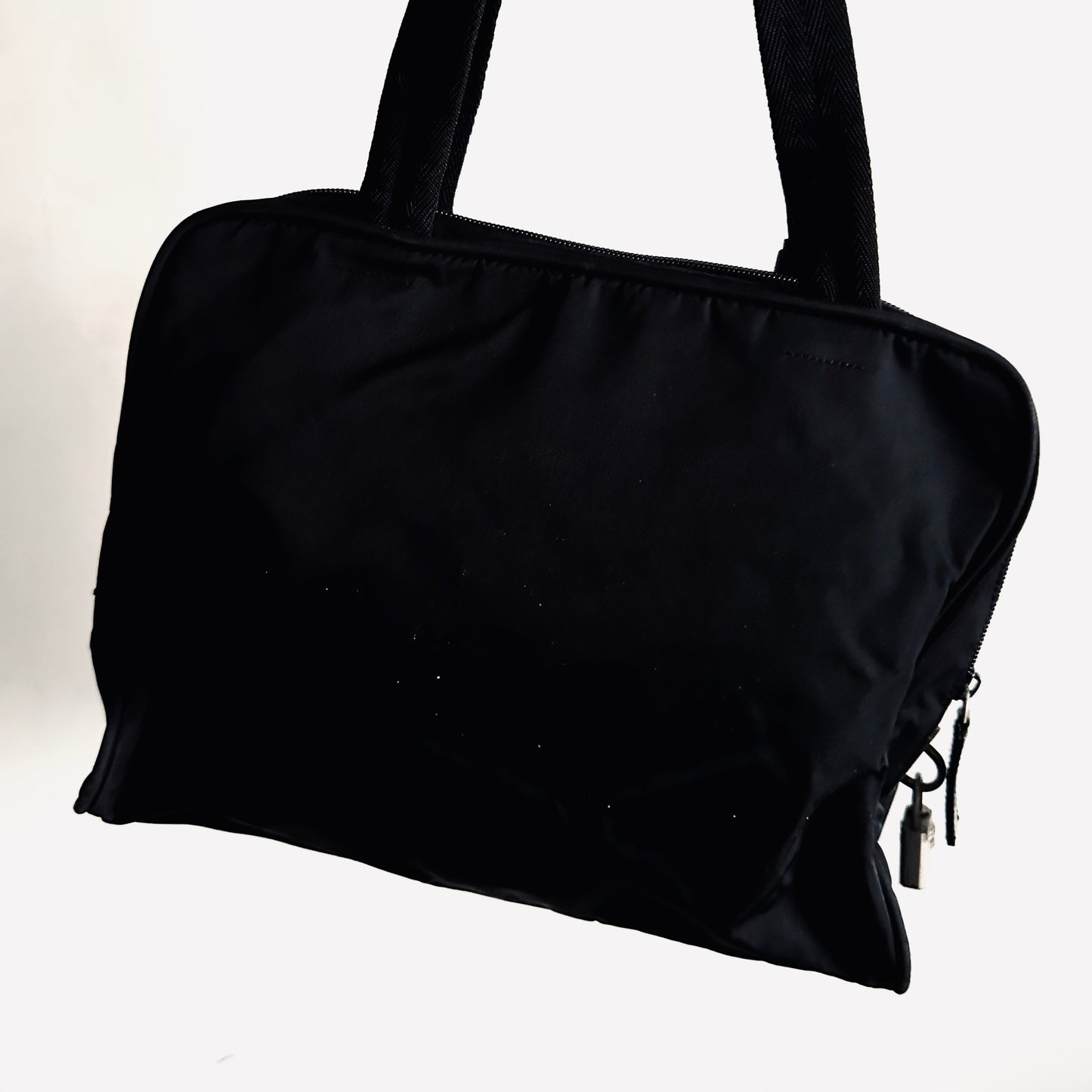 Prada Black Classic Tessuto Logo Nylon Shoulder Boston Tote Bag