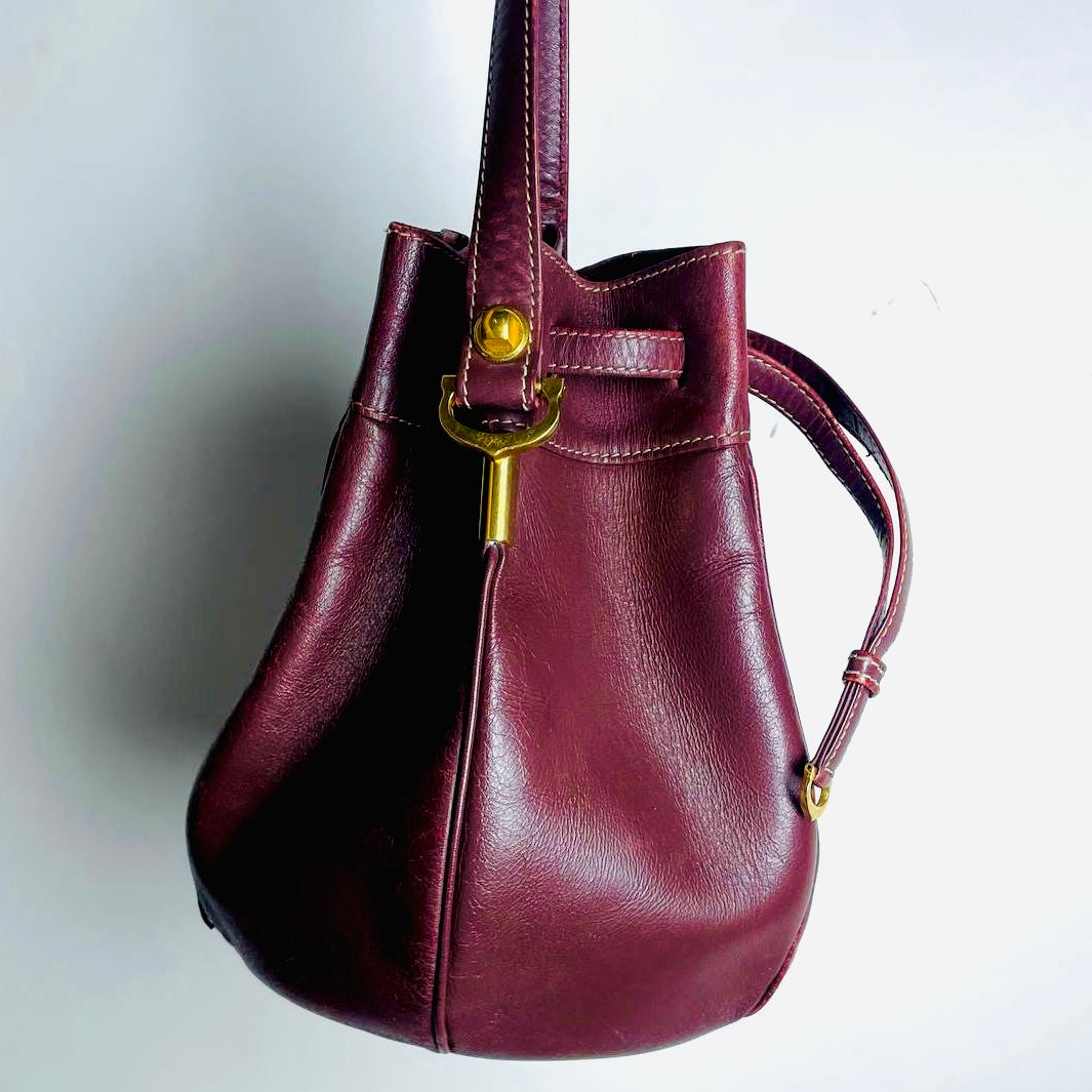 Cartier Mast / Must de Cartier Burgundy Maroon Red GHW Smooth Leather Bucket Shoulder Drawstring Bag