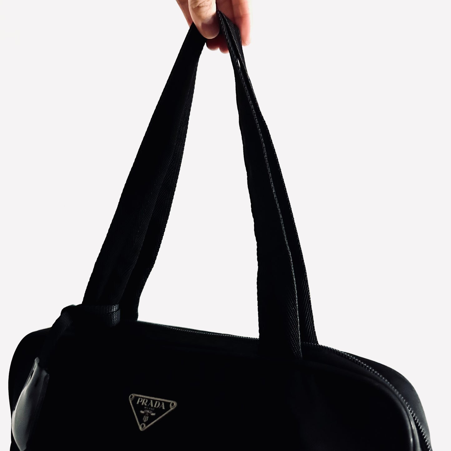 Prada Black Classic Tessuto Logo Nylon Shoulder Boston Tote Bag