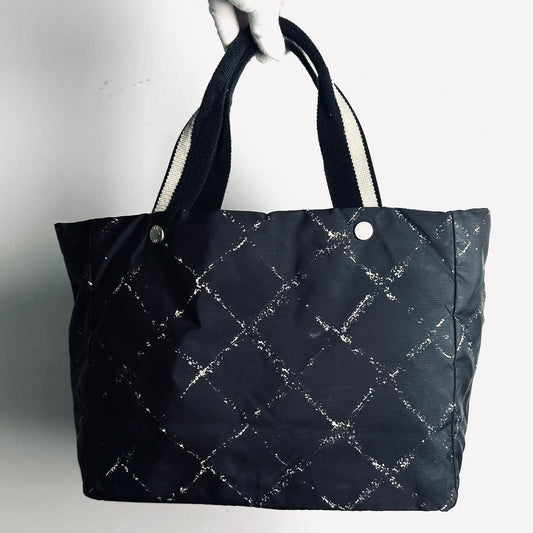 Chanel Black Travel Line Quilted Jacquard CC Monogram Logo Shoulder Shopper Tote Bag 6s