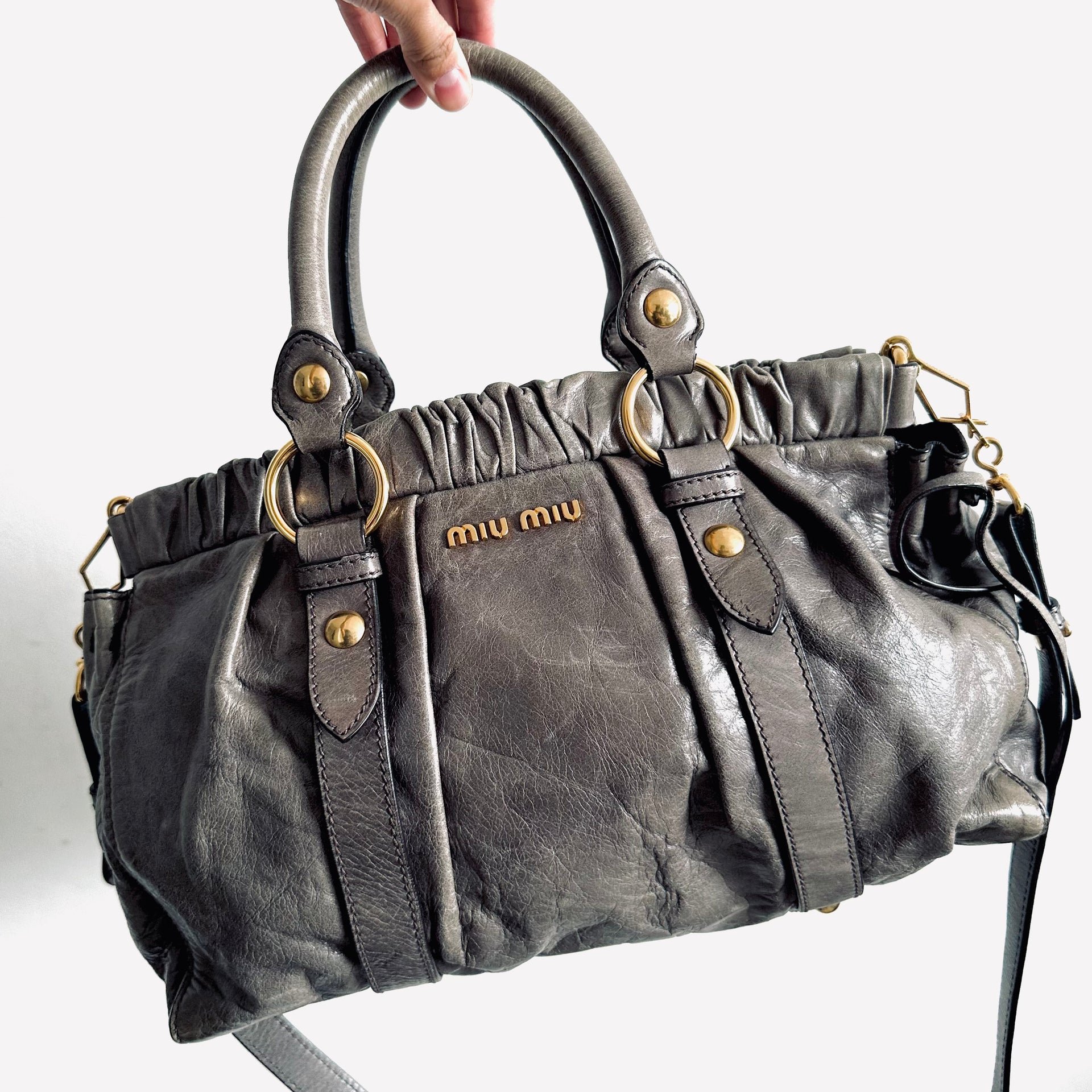 Miu Miu Graphite Grey GHW Vitello Lux Classic Logo 2-Way Shopper 