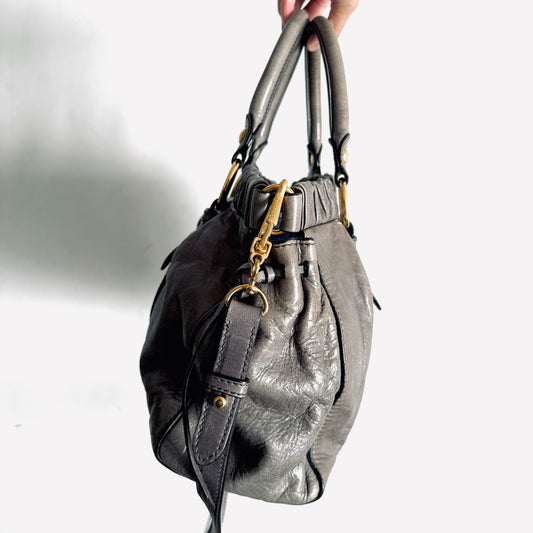 Miu Miu Graphite Grey GHW Vitello Lux Classic Logo 2-Way Shopper Shoulder Sling Tote Bag