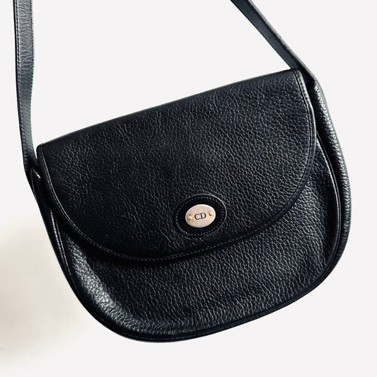 Christian Dior CD Black GHW Monogram Logo Pebbled Leather Flap Shoulder Sling Bag