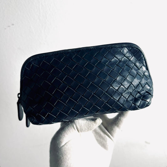 Bottega Veneta BV Continental Navy Blue Intrecciato Nappa Woven Leather Zip Cosmetic Toiletry Pouch Clutch Case