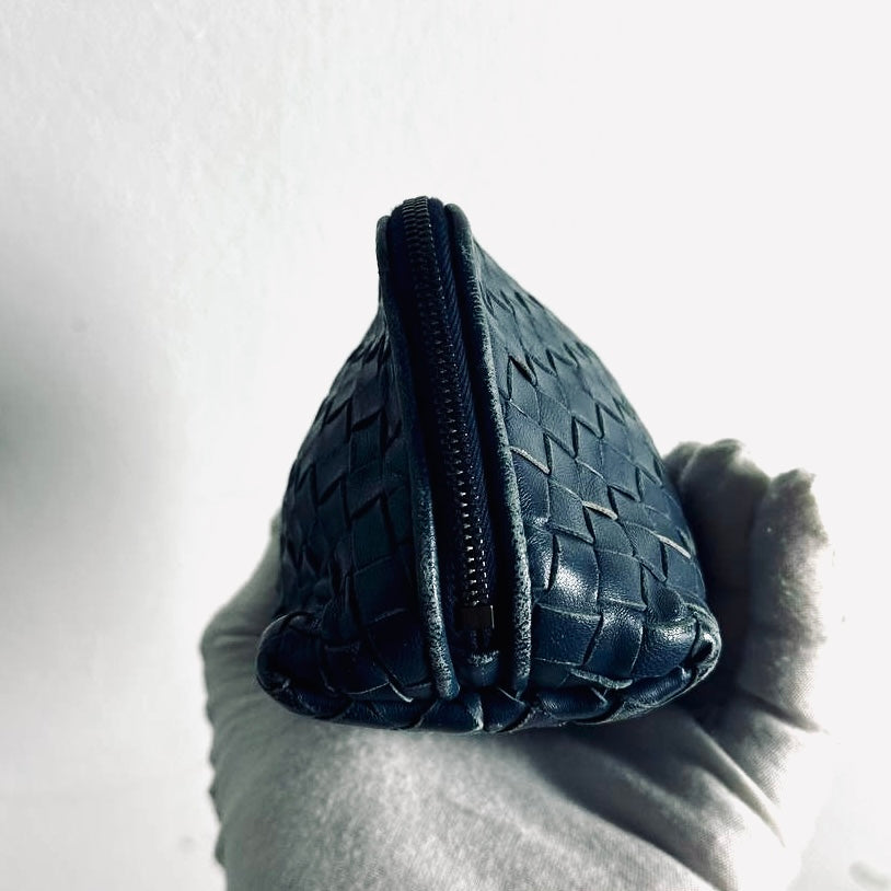 Bottega Veneta BV Continental Navy Blue Intrecciato Nappa Woven Leather Zip Cosmetic Toiletry Pouch Clutch Case
