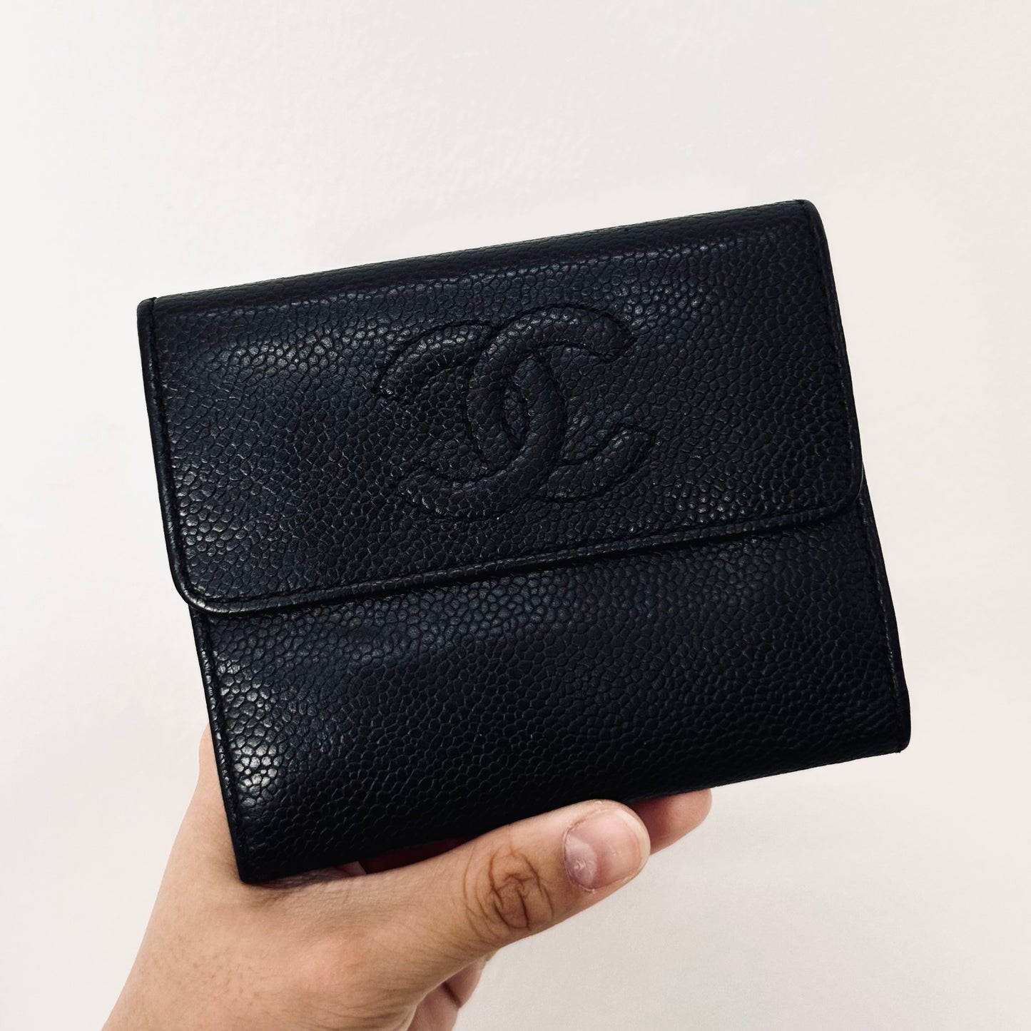 Chanel Black GHW Giant CC Monogram Logo Caviar Vintage Compact Trifold Flap Wallet 7s