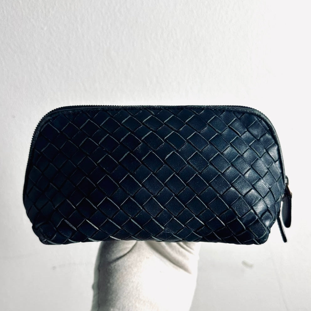 Bottega Veneta BV Continental Navy Blue Intrecciato Nappa Woven Leather Zip Cosmetic Toiletry Pouch Clutch Case