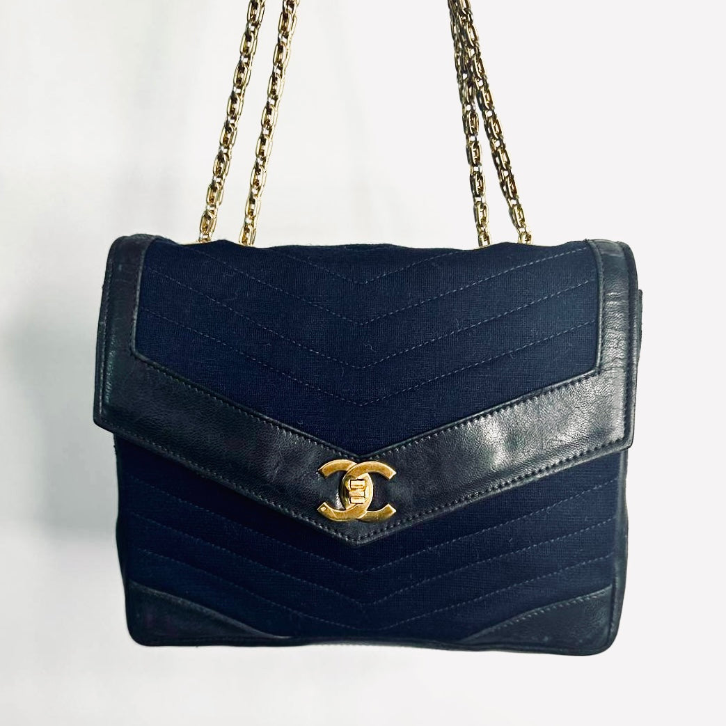 Chanel Navy Blue GHW CC Logo Turnlock Small Classic Single Chevron Quilted Jersey & Lambskin Flap Reissue Chain Vintage Shoulder Sling Bag Pre Series