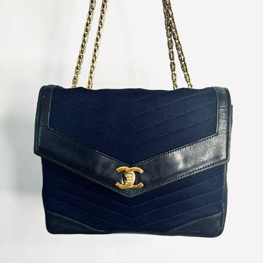 Chanel Navy Blue GHW CC Logo Turnlock Small Classic Single Chevron Quilted Jersey & Lambskin Flap Reissue Chain Vintage Shoulder Sling Bag Pre Series