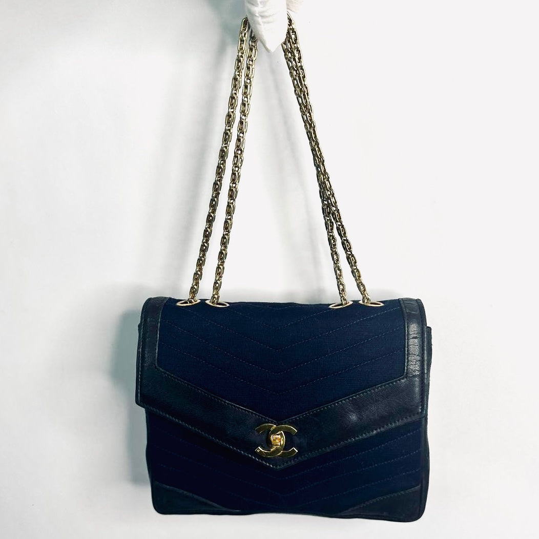 Chanel Navy Blue GHW CC Logo Turnlock Small Classic Single Chevron Quilted Jersey & Lambskin Flap Reissue Chain Vintage Shoulder Sling Bag Pre Series