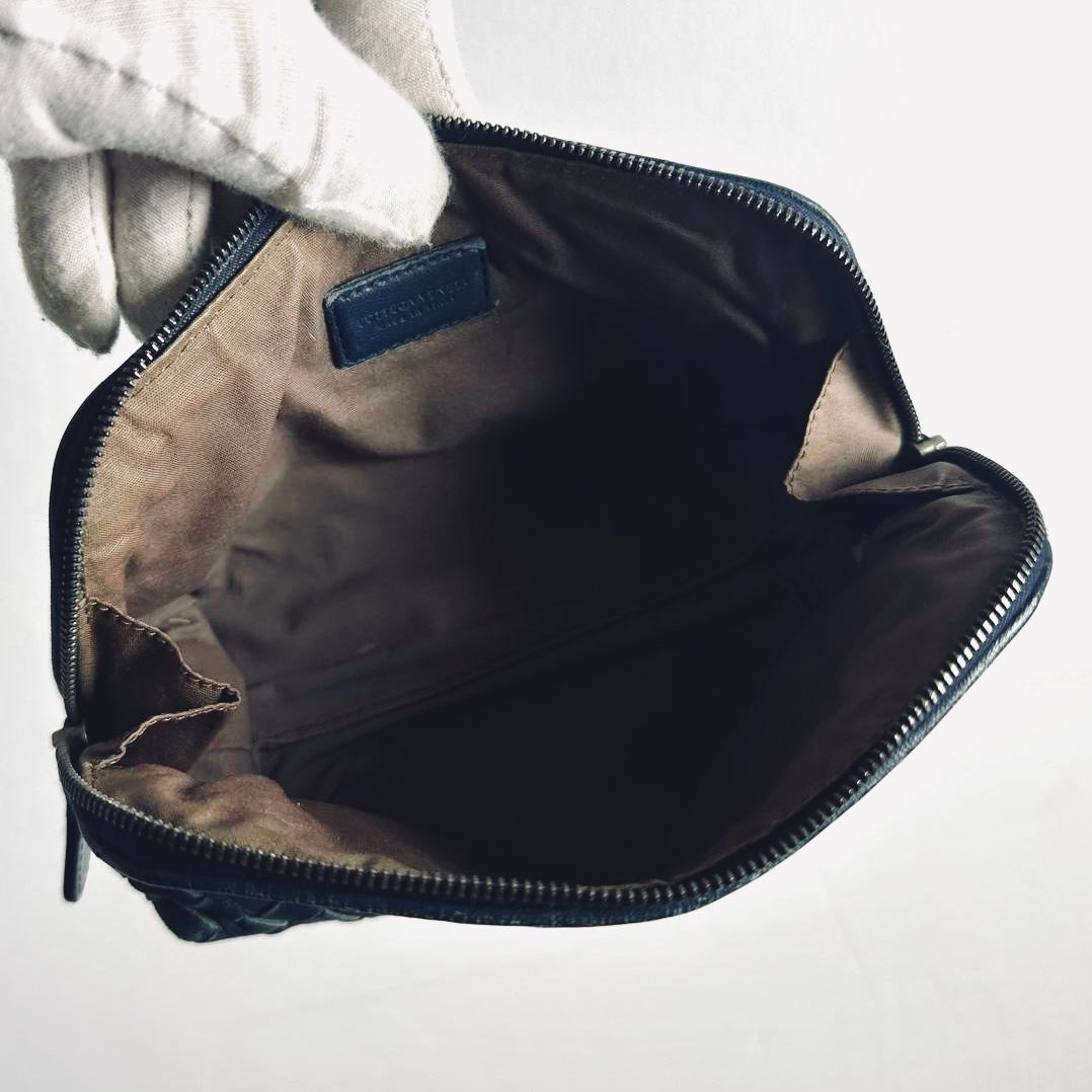 Bottega Veneta BV Continental Navy Blue Intrecciato Nappa Woven Leather Zip Cosmetic Toiletry Pouch Clutch Case