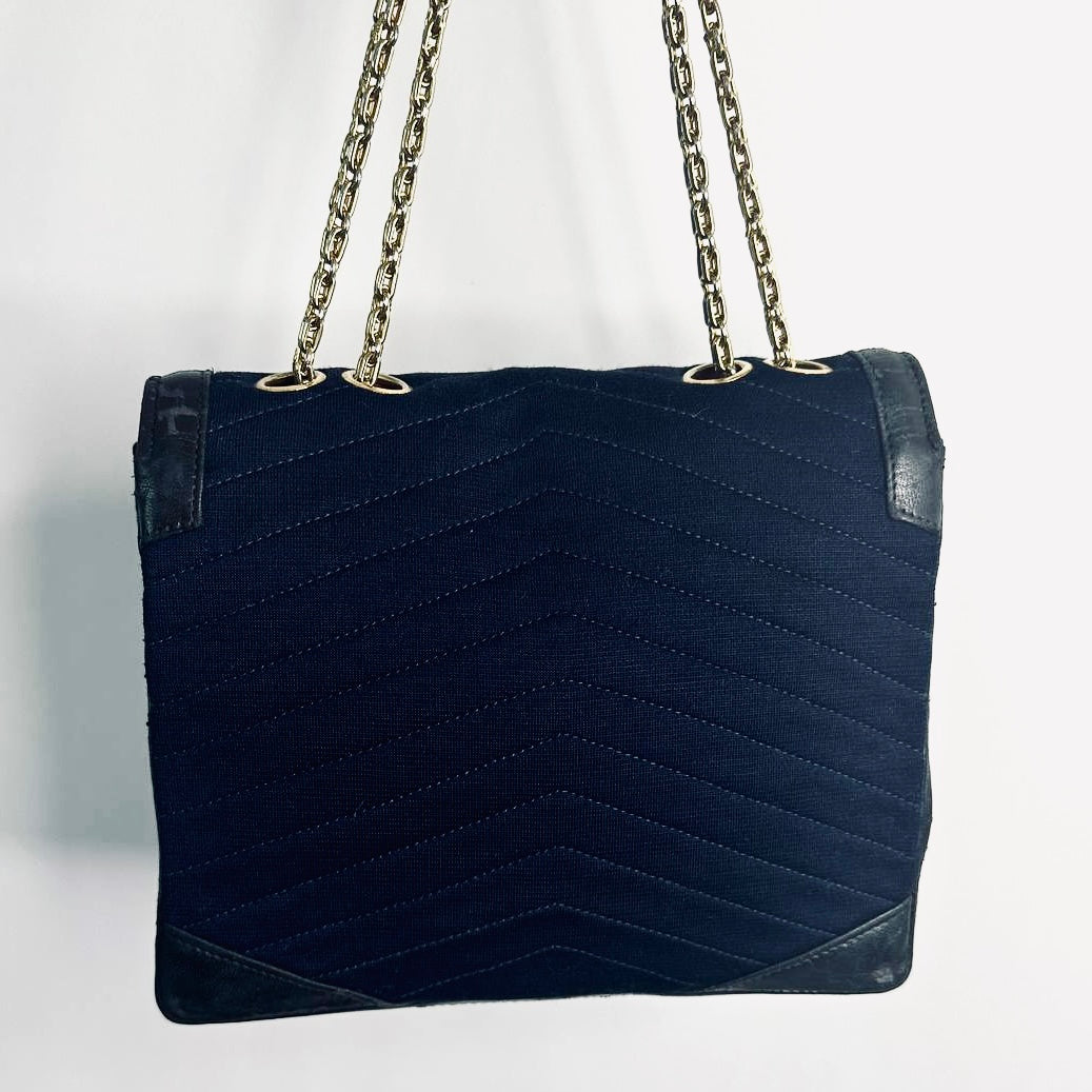 Chanel Navy Blue GHW CC Logo Turnlock Small Classic Single Chevron Quilted Jersey & Lambskin Flap Reissue Chain Vintage Shoulder Sling Bag Pre Series