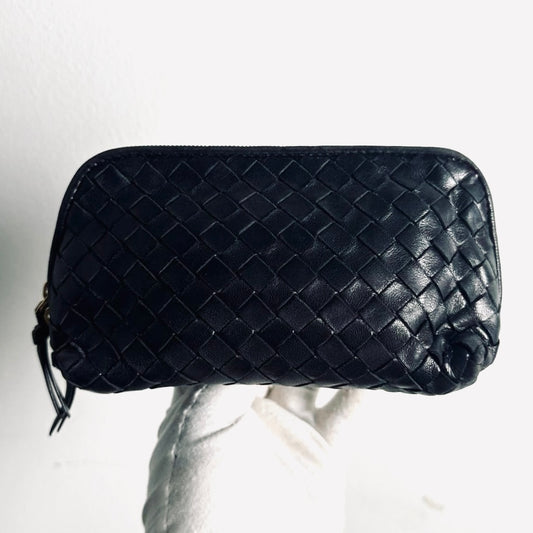 Bottega Veneta BV Black GHW Intrecciato Nappa Woven Leather Zip Cosmetic Toiletry Pouch Clutch Case
