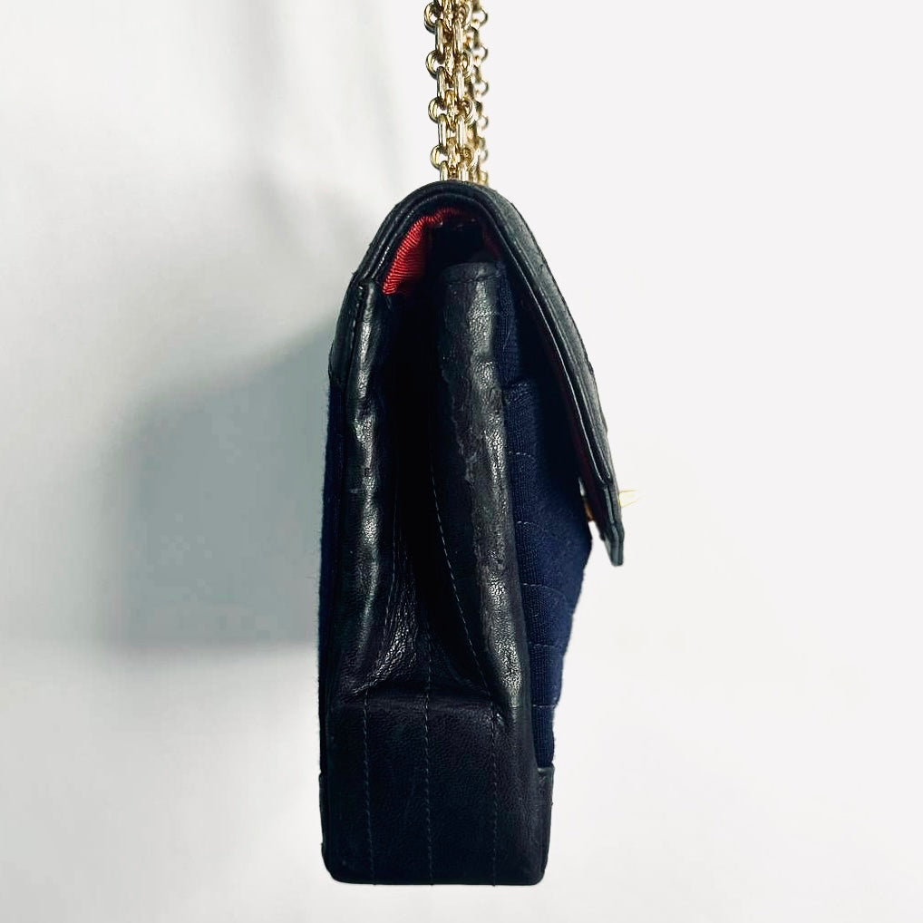Chanel Navy Blue GHW CC Logo Turnlock Small Classic Single Chevron Quilted Jersey & Lambskin Flap Reissue Chain Vintage Shoulder Sling Bag Pre Series