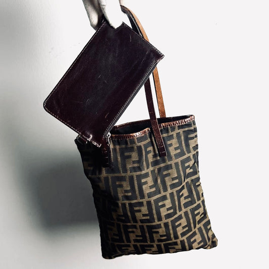 Fendi Zucca Brown FF Monogram Logo Small Shopper Tote Bag With Pouch